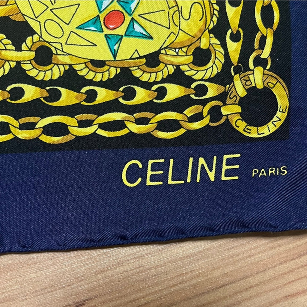 Celine Blue and Gold Chain Silk Scarf