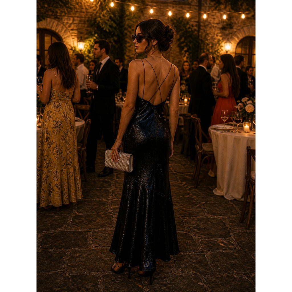 Rachel Zoe Black Sequin Strappy Maxi Dress
