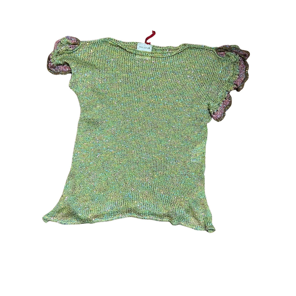 Semicouture Oversized Knit Top Green Pink Ruffle Sleeve Sweater Medium NWT