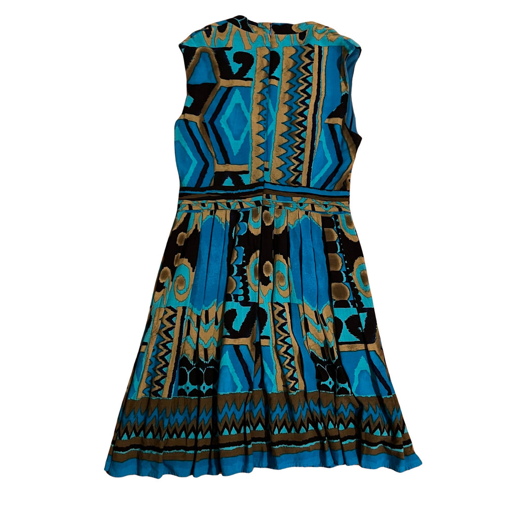 Ellen Tracy Geometric Print Sleeveless Dress Turquoise Black Fit Flare Size M