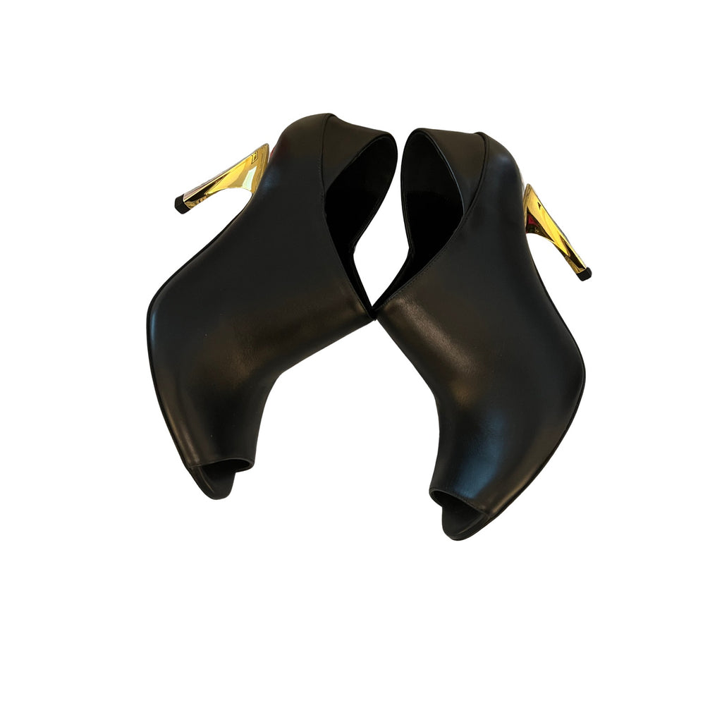 Alexander McQueen Sculptural Heel Mule Black Leather Gold Silver 36.5 Peep Toe