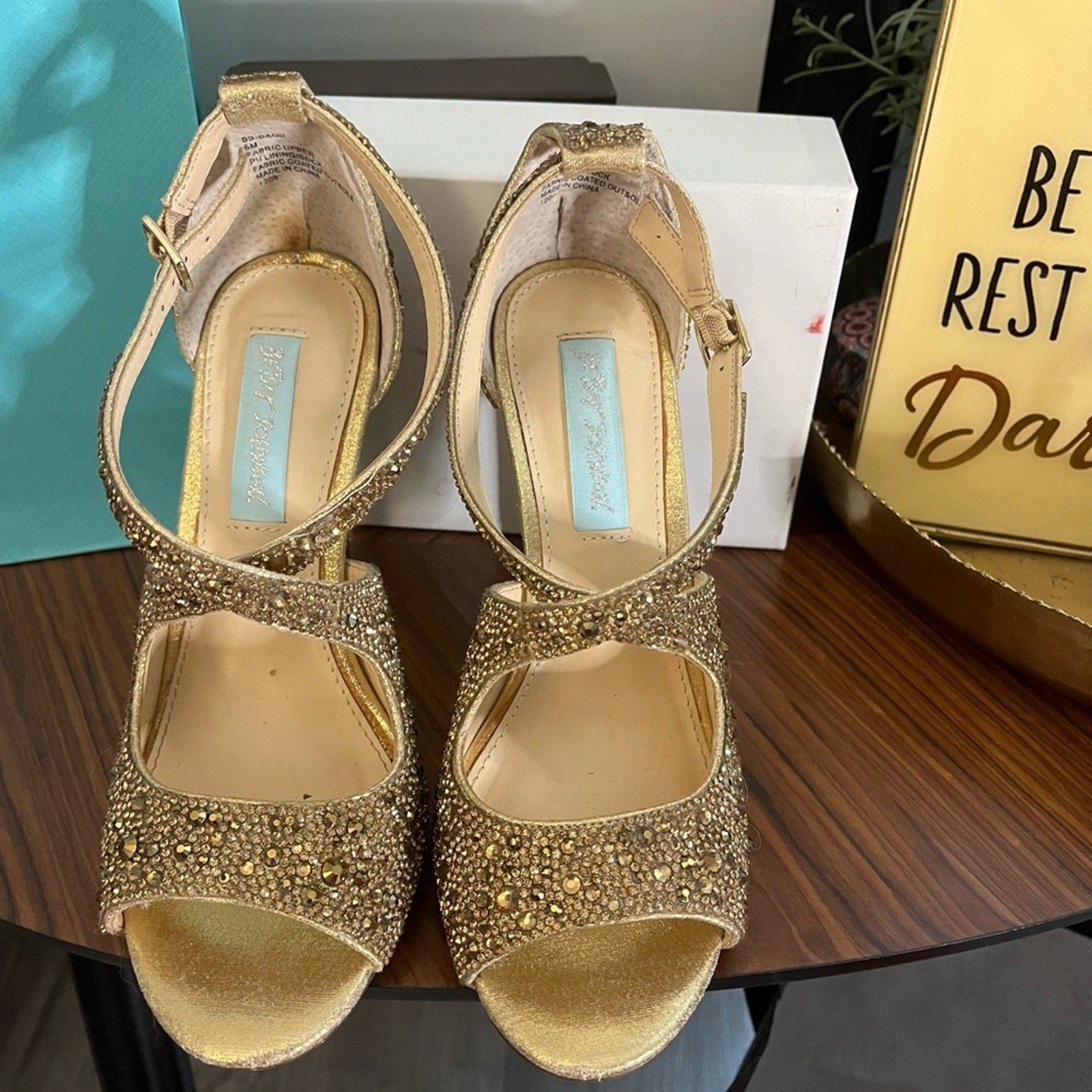 Betsey Johnson SB Miles Gold Glitter Rhinestone Strappy Stiletto Sandals