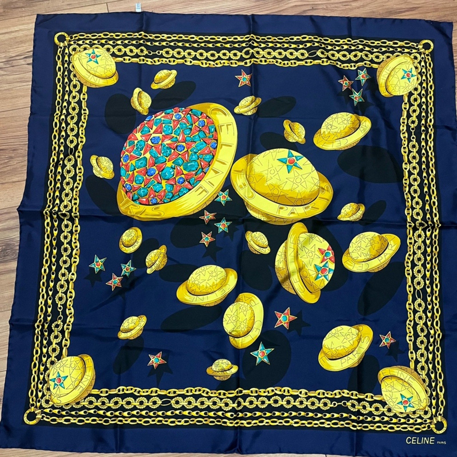 Celine Blue and Gold Chain Silk Scarf