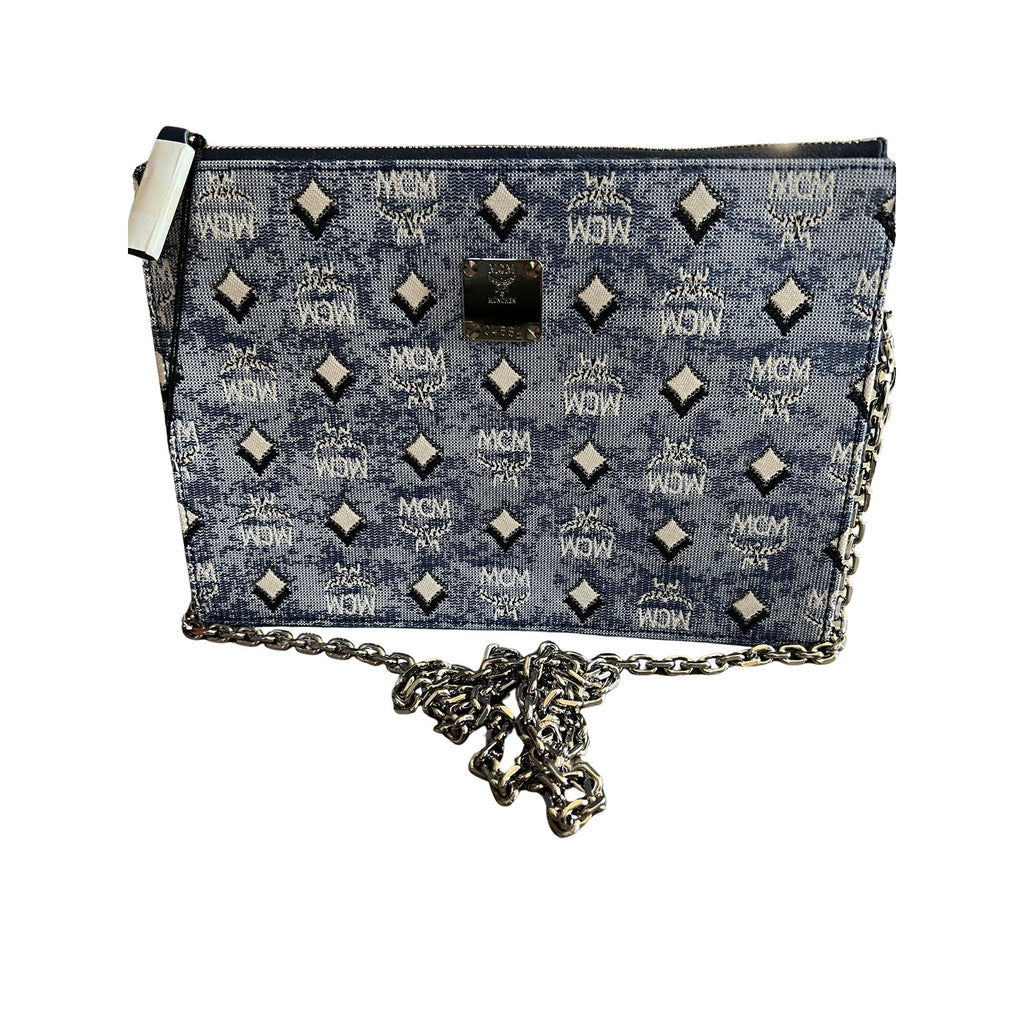 MCM Aren Denim Monogram Flat Pouch NWT