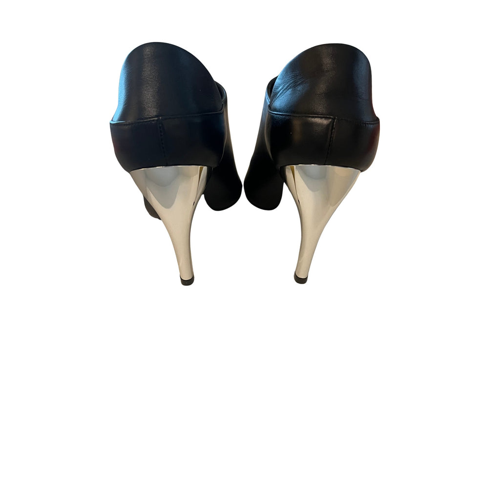 Alexander McQueen Sculptural Heel Mule Black Leather Gold Silver 36.5 Peep Toe