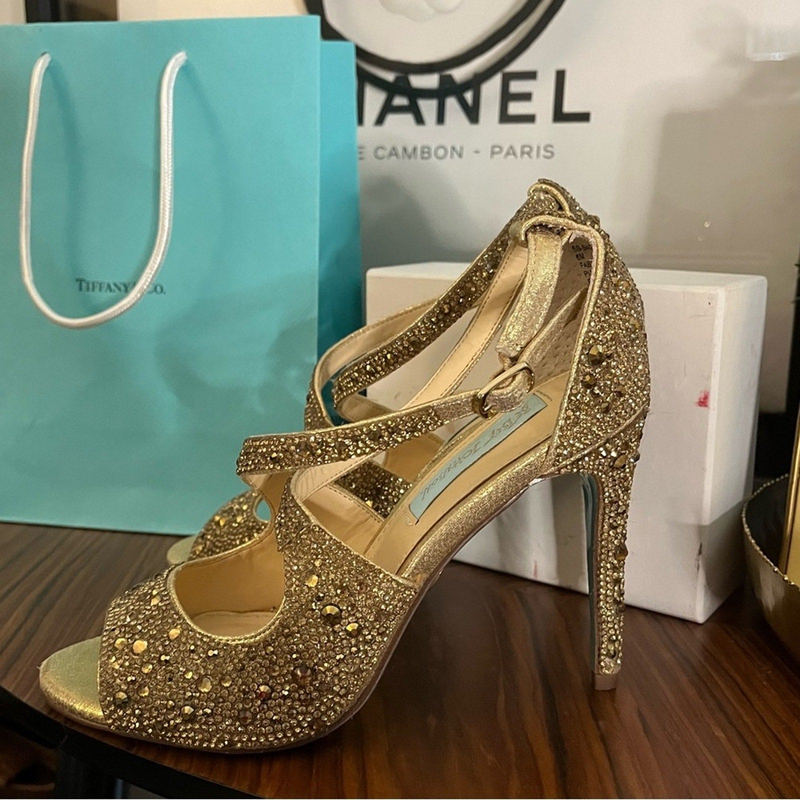 Betsey Johnson SB Miles Gold Glitter Rhinestone Strappy Stiletto Sandals