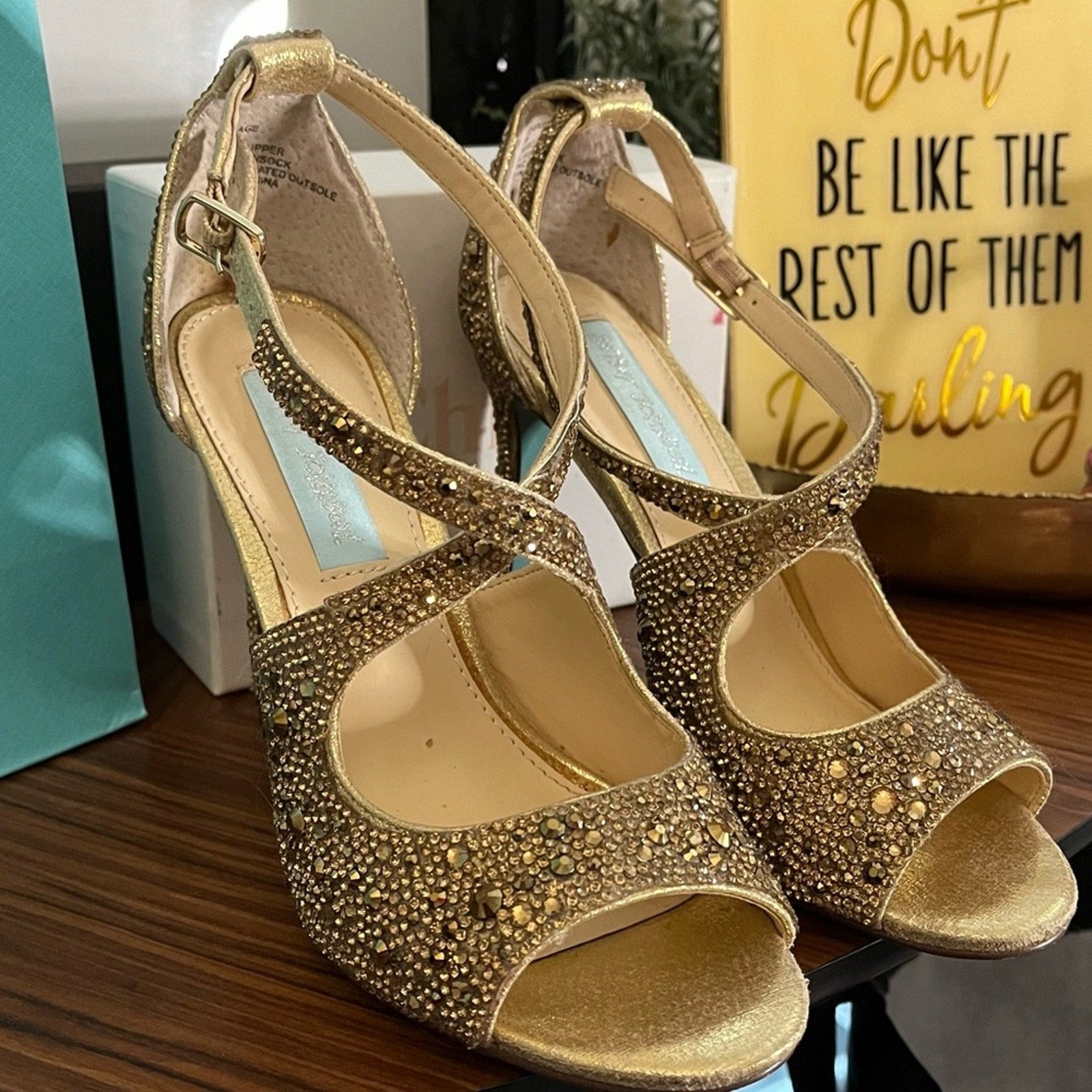 Betsey Johnson SB Miles Gold Glitter Rhinestone Strappy Stiletto Sandals